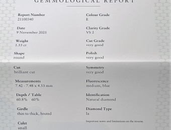 GUBELIN  CERTIFICATE Rapaport price list 14.600.- USD per carat  1.53 ct TOTAL 22.338.- USD